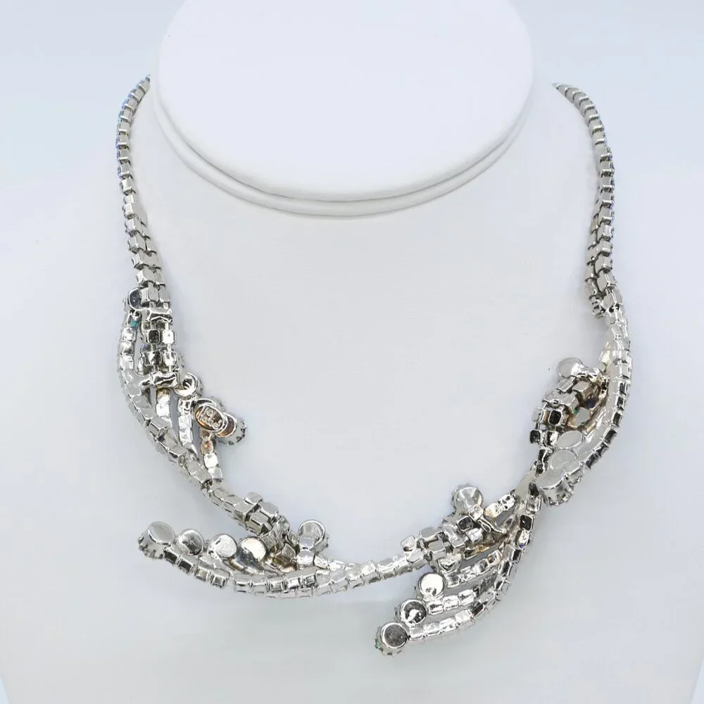 Vintage Rare Hobé Blue AB Rhinestones Sculptural‎ Spray and Waves Necklace 1950s